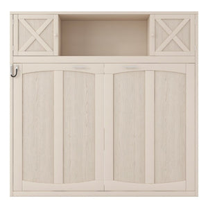 English Elm Queen Murphy Bed with Pine Frame and Upper Cabinets for Studio or Guest Room Beige N7090004029A