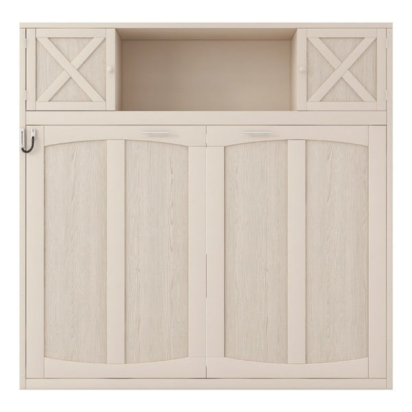 English Elm Queen Murphy Bed with Pine Frame and Upper Cabinets for Studio or Guest Room Beige N7090004029A