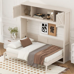 English Elm Queen Murphy Bed with Pine Frame and Upper Cabinets for Studio or Guest Room Beige N7090004029A