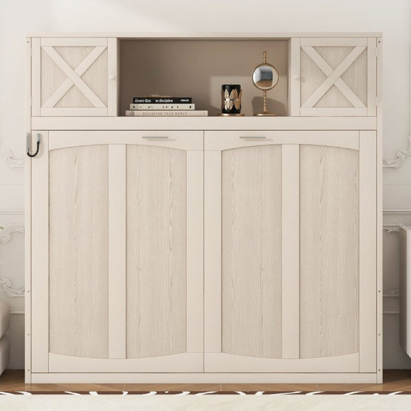 English Elm Queen Murphy Bed with Pine Frame and Upper Cabinets for Studio or Guest Room Beige N7090004029A