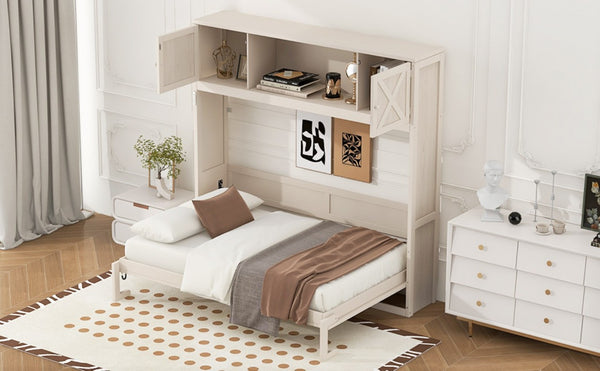 English Elm Queen Murphy Bed with Pine Frame and Upper Cabinets for Studio or Guest Room Beige N7090004029A