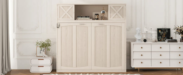 English Elm Queen Murphy Bed with Pine Frame and Upper Cabinets for Studio or Guest Room Beige N7090004029A