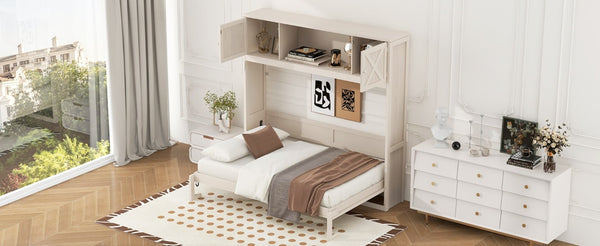 English Elm Queen Murphy Bed with Pine Frame and Upper Cabinets for Studio or Guest Room Beige N7090004029A