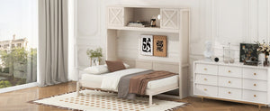 English Elm Queen Murphy Bed with Pine Frame and Upper Cabinets for Studio or Guest Room Beige N7090004029A