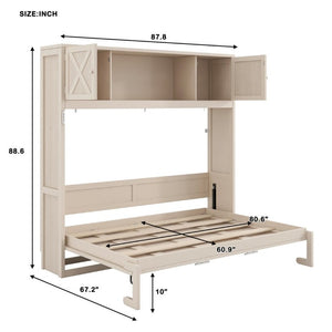 English Elm Queen Murphy Bed with Pine Frame and Upper Cabinets for Studio or Guest Room Beige N7090004029A
