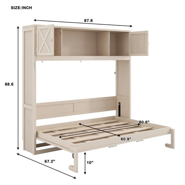 English Elm Queen Murphy Bed with Pine Frame and Upper Cabinets for Studio or Guest Room Beige N7090004029A