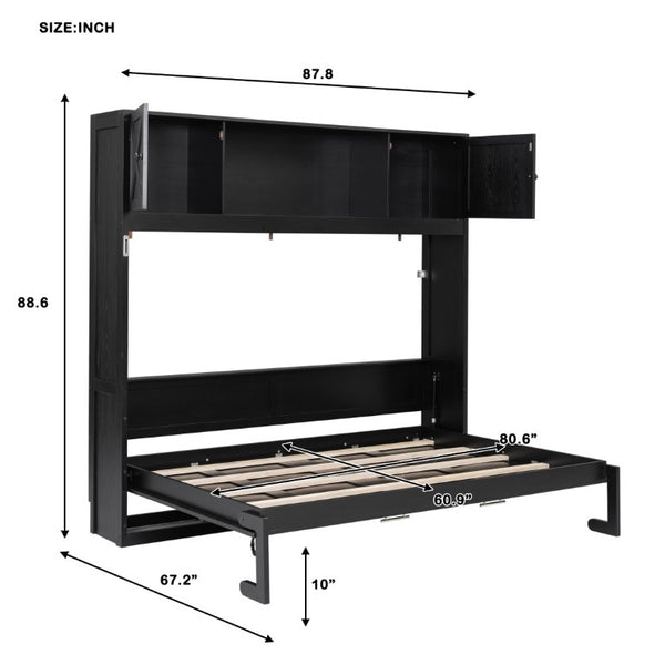 English Elm Queen Murphy Bed with Pine Frame and Upper Cabinets for Studio or Guest Room Black N7090004029B