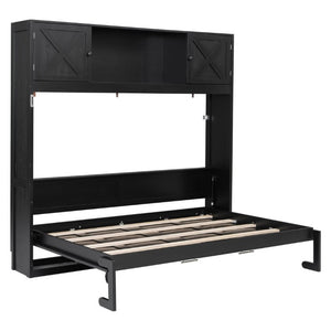 English Elm Queen Murphy Bed with Pine Frame and Upper Cabinets for Studio or Guest Room Black N7090004029B