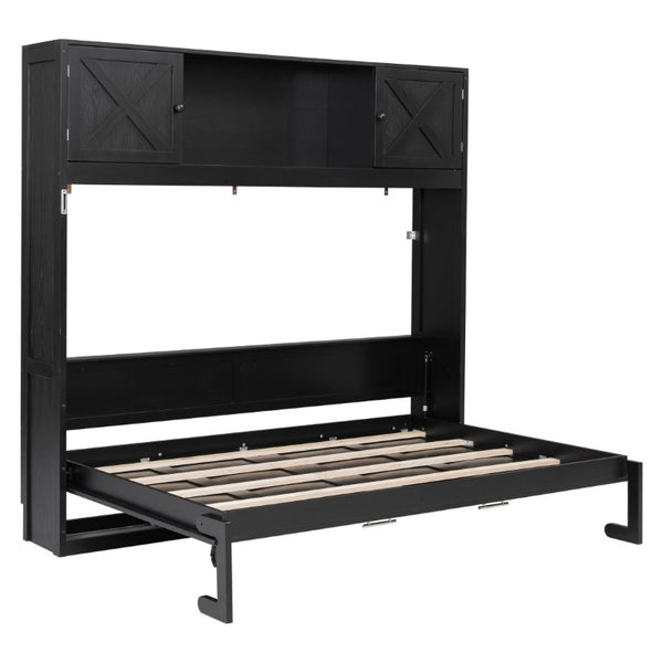 English Elm Queen Murphy Bed with Pine Frame and Upper Cabinets for Studio or Guest Room Black N7090004029B