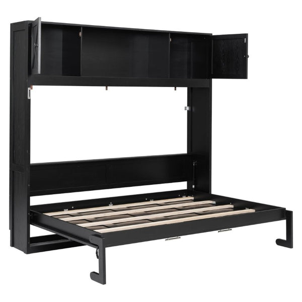 English Elm Queen Murphy Bed with Pine Frame and Upper Cabinets for Studio or Guest Room Black N7090004029B