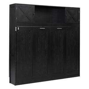 English Elm Queen Murphy Bed with Pine Frame and Upper Cabinets for Studio or Guest Room Black N7090004029B
