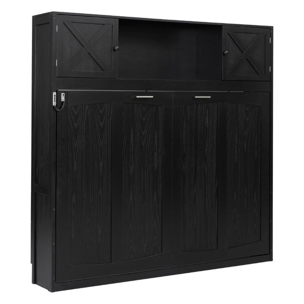 English Elm Queen Murphy Bed with Pine Frame and Upper Cabinets for Studio or Guest Room Black N7090004029B