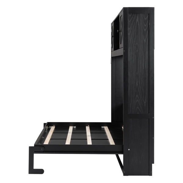 English Elm Queen Murphy Bed with Pine Frame and Upper Cabinets for Studio or Guest Room Black N7090004029B