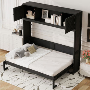 English Elm Queen Murphy Bed with Pine Frame and Upper Cabinets for Studio or Guest Room Black N7090004029B