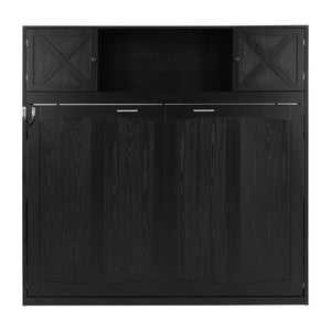 English Elm Queen Murphy Bed with Pine Frame and Upper Cabinets for Studio or Guest Room Black N7090004029B