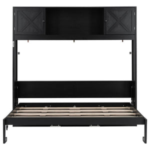 English Elm Queen Murphy Bed with Pine Frame and Upper Cabinets for Studio or Guest Room Black N7090004029B