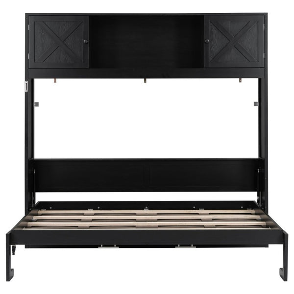 English Elm Queen Murphy Bed with Pine Frame and Upper Cabinets for Studio or Guest Room Black N7090004029B