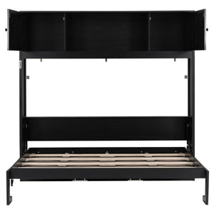 English Elm Queen Murphy Bed with Pine Frame and Upper Cabinets for Studio or Guest Room Black N7090004029B