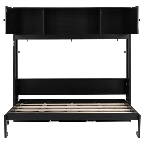English Elm Queen Murphy Bed with Pine Frame and Upper Cabinets for Studio or Guest Room Black N7090004029B