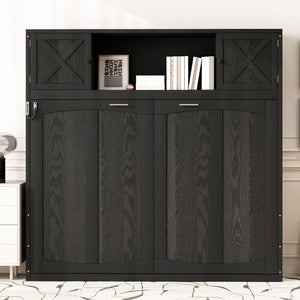 English Elm Queen Murphy Bed with Pine Frame and Upper Cabinets for Studio or Guest Room Black N7090004029B