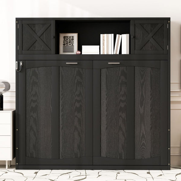English Elm Queen Murphy Bed with Pine Frame and Upper Cabinets for Studio or Guest Room Black N7090004029B