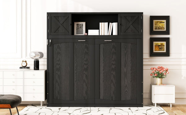 English Elm Queen Murphy Bed with Pine Frame and Upper Cabinets for Studio or Guest Room Black N7090004029B