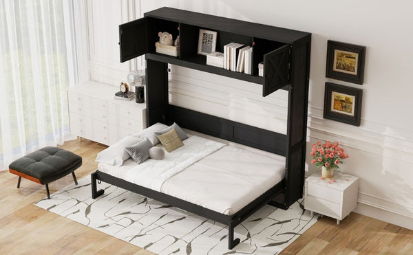 English Elm Queen Murphy Bed with Pine Frame and Upper Cabinets for Studio or Guest Room Black N7090004029B