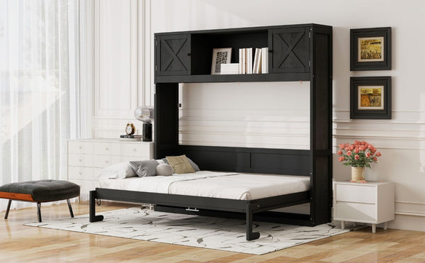 English Elm Queen Murphy Bed with Pine Frame and Upper Cabinets for Studio or Guest Room Black N7090004029B
