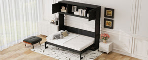 English Elm Queen Murphy Bed with Pine Frame and Upper Cabinets for Studio or Guest Room Black N7090004029B