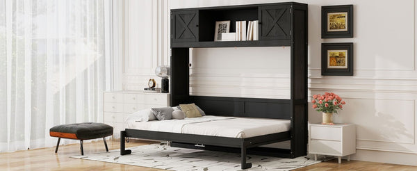 English Elm Queen Murphy Bed with Pine Frame and Upper Cabinets for Studio or Guest Room Black N7090004029B