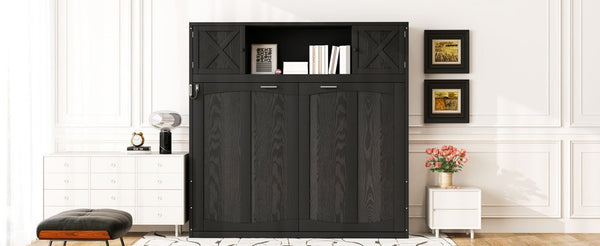 English Elm Queen Murphy Bed with Pine Frame and Upper Cabinets for Studio or Guest Room Black N7090004029B