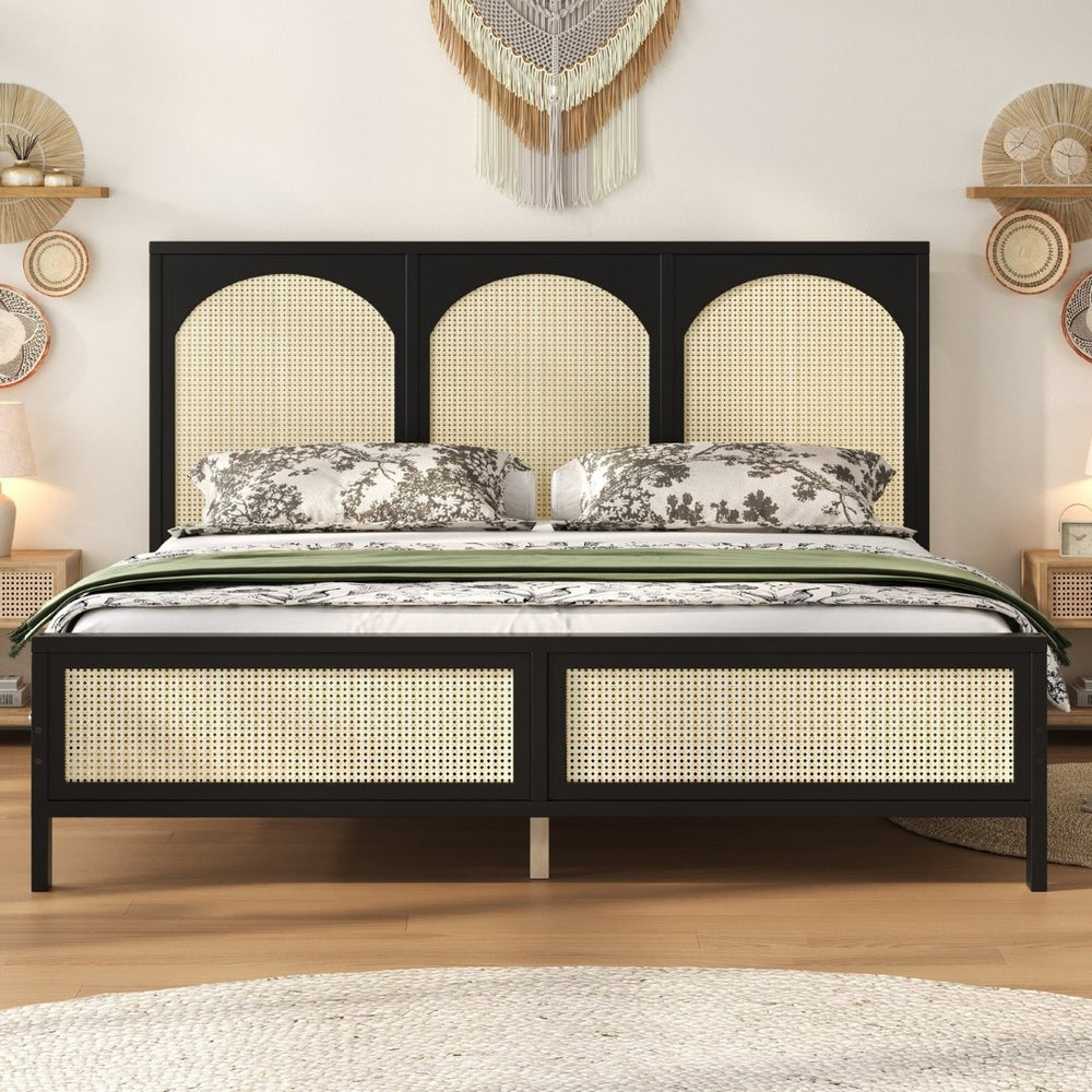 English Elm Queen Platform Bed Woven Rattan Headboard Footboard Solid Pine Bohemian Bedroom Frame Black N7090004036B