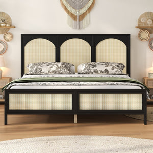 English Elm Queen Platform Bed Woven Rattan Headboard Footboard Solid Pine Bohemian Bedroom Frame Black N7090004036B