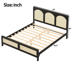 English Elm Queen Platform Bed Woven Rattan Headboard Footboard Solid Pine Bohemian Bedroom Frame Black N7090004036B
