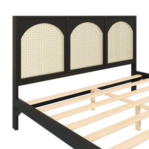 English Elm Queen Platform Bed Woven Rattan Headboard Footboard Solid Pine Bohemian Bedroom Frame Black N7090004036B