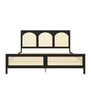English Elm Queen Platform Bed Woven Rattan Headboard Footboard Solid Pine Bohemian Bedroom Frame Black N7090004036B