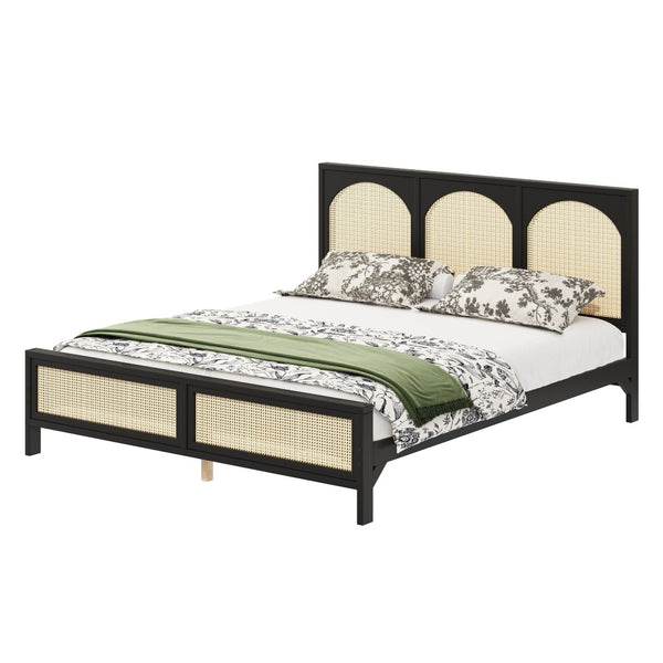 English Elm Queen Platform Bed Woven Rattan Headboard Footboard Solid Pine Bohemian Bedroom Frame Black N7090004036B