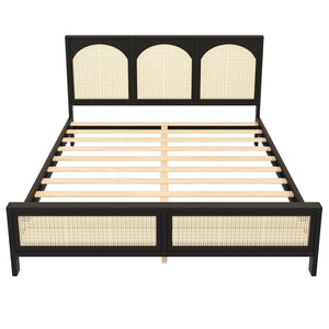English Elm Queen Platform Bed Woven Rattan Headboard Footboard Solid Pine Bohemian Bedroom Frame Black N7090004036B