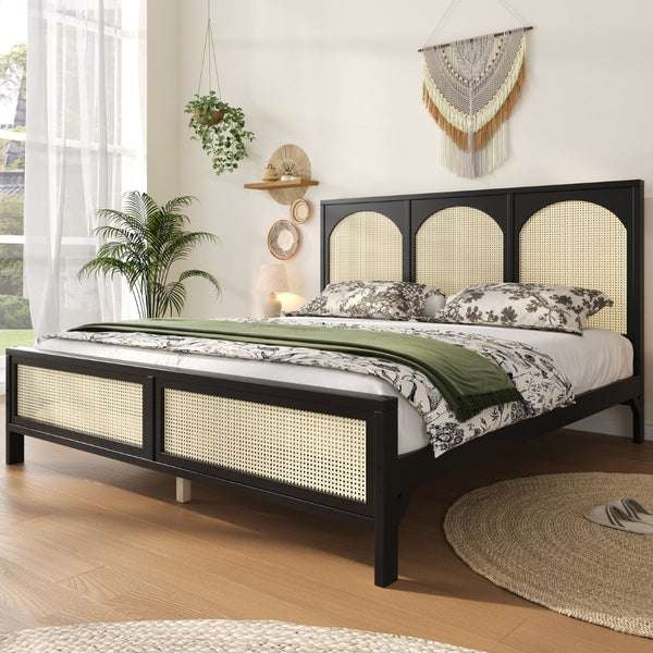 English Elm Queen Platform Bed Woven Rattan Headboard Footboard Solid Pine Bohemian Bedroom Frame Black N7090004036B