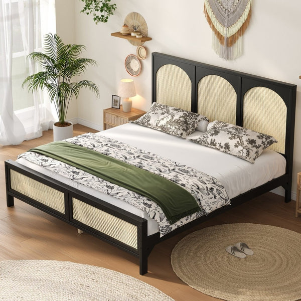 English Elm Queen Platform Bed Woven Rattan Headboard Footboard Solid Pine Bohemian Bedroom Frame Black N7090004036B
