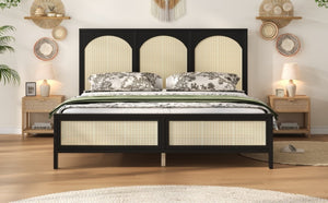 English Elm Queen Platform Bed Woven Rattan Headboard Footboard Solid Pine Bohemian Bedroom Frame Black N7090004036B