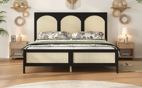English Elm Queen Platform Bed Woven Rattan Headboard Footboard Solid Pine Bohemian Bedroom Frame Black N7090004036B