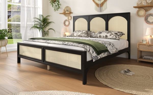English Elm Queen Platform Bed Woven Rattan Headboard Footboard Solid Pine Bohemian Bedroom Frame Black N7090004036B
