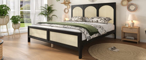 English Elm Queen Platform Bed Woven Rattan Headboard Footboard Solid Pine Bohemian Bedroom Frame Black N7090004036B