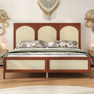 English Elm Queen Platform Bed Woven Rattan Headboard Footboard Solid Pine Bohemian Bedroom Frame Walnut N7090004036D