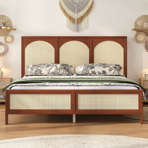 English Elm Queen Platform Bed Woven Rattan Headboard Footboard Solid Pine Bohemian Bedroom Frame Walnut N7090004036D