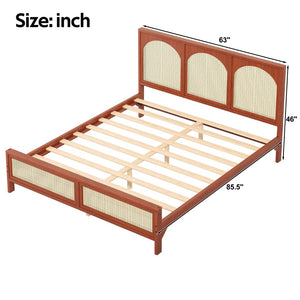 English Elm Queen Platform Bed Woven Rattan Headboard Footboard Solid Pine Bohemian Bedroom Frame Walnut N7090004036D