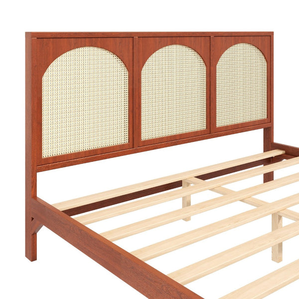 English Elm Queen Platform Bed Woven Rattan Headboard Footboard Solid Pine Bohemian Bedroom Frame Walnut N7090004036D
