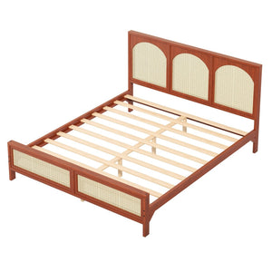 English Elm Queen Platform Bed Woven Rattan Headboard Footboard Solid Pine Bohemian Bedroom Frame Walnut N7090004036D