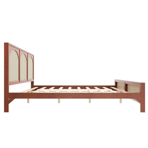 English Elm Queen Platform Bed Woven Rattan Headboard Footboard Solid Pine Bohemian Bedroom Frame Walnut N7090004036D